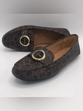 Calvin Klein Leana Brown Logo Loafers with Gold Medallion